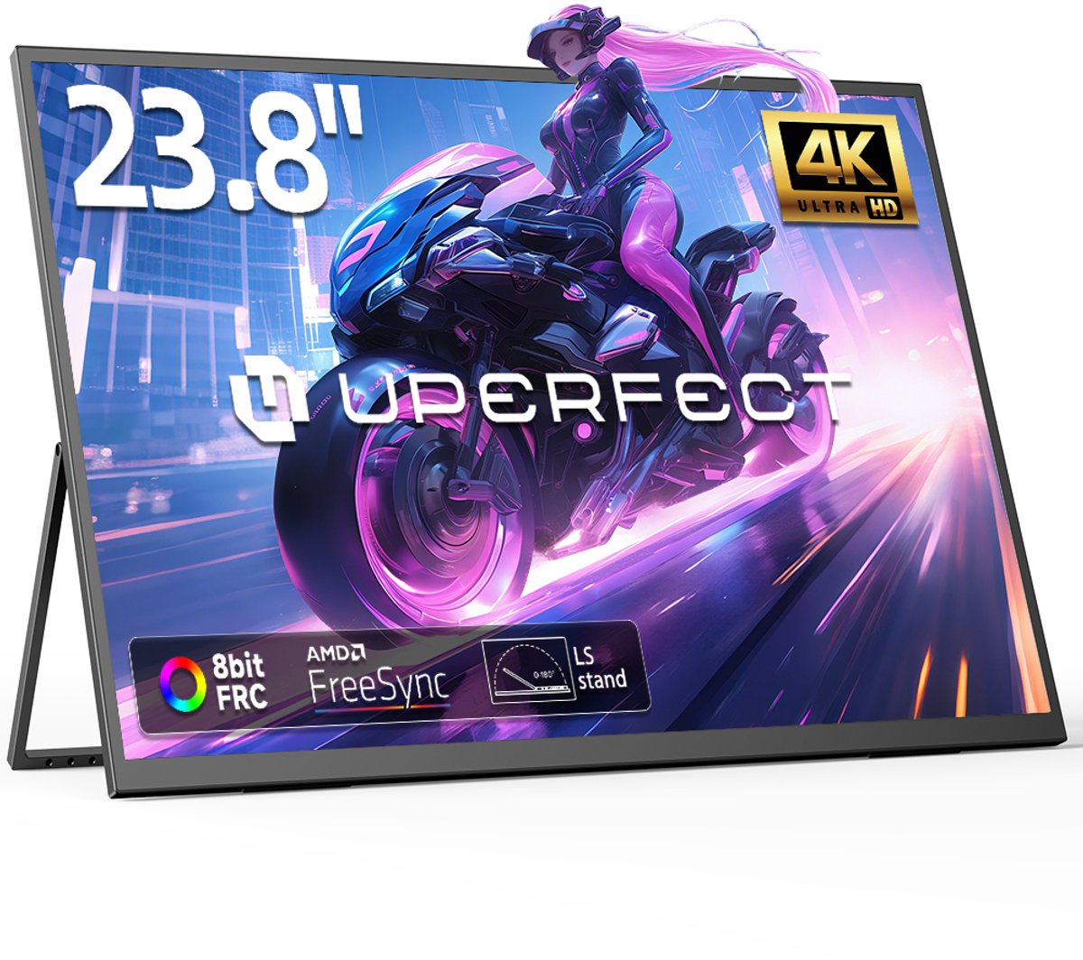 UPERFECT 23.8-inch draagbare monitor met geïntegreerde houder, 3840x2160 QLED 4K, USB-C- en Mini-HDMI-poort, tweede scherm voor laptop/telefoon/spelconsole, VESA-montage mogelijk