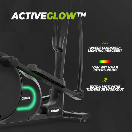 Close-up van het zwarte crosstrainer frame met ActiveGlow verlichting die reageert op de weerstand.
