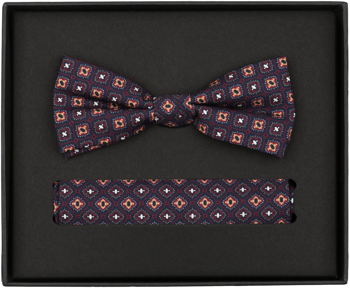 VENTI set met vlinderdas en pochet - donkerblauw - bordeaux - geel - wit dessin