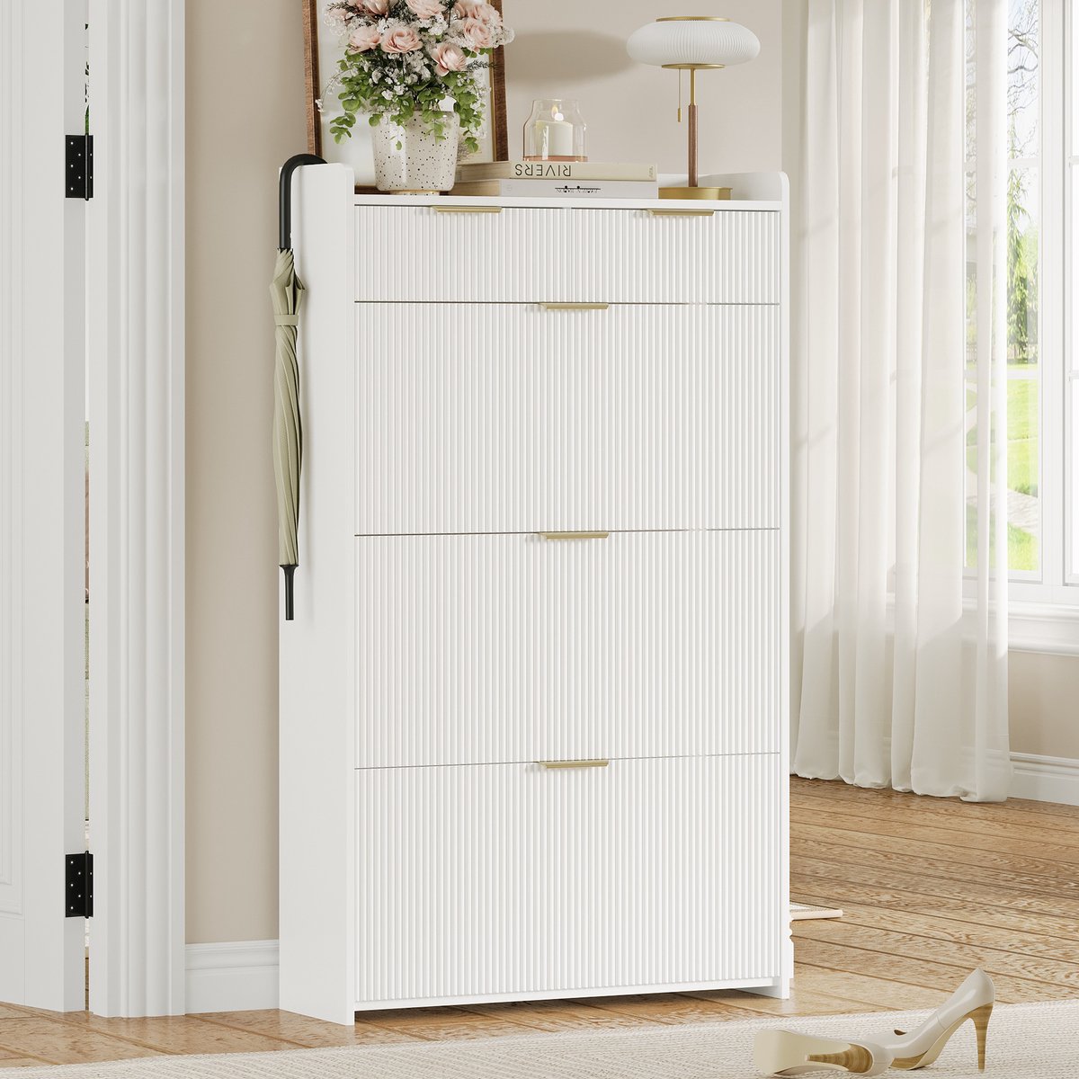 MIVRAY Schoenenkast - Smal Ontwerp Met 3 Kleppen En 2 Lades - Voor Hal En Entree - Spaanplaat - Wit - 80 X 25 X 135 Cm