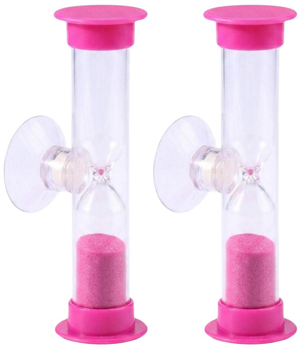 Bellatio Design Zandloper - 2x - douche / badkamer timer - zuignap - 5 minuten - roze