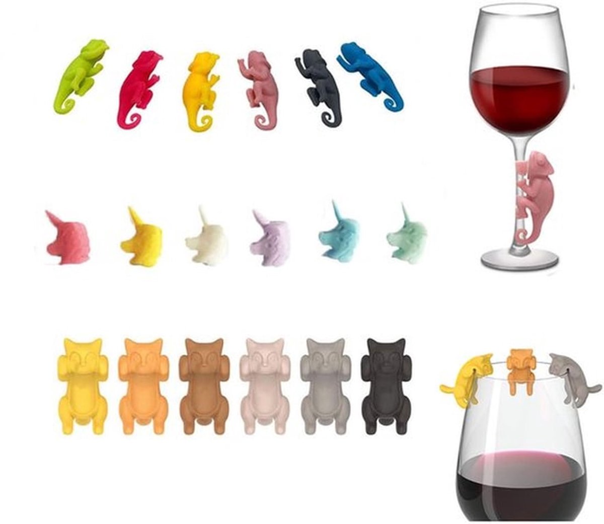 Wijnglasmarker 18 Stuks - Siliconen - Drankmarker - Glazen Marker - Feest/Brunch - Schattige Patronen - 6 Kleuren/3 Motieven