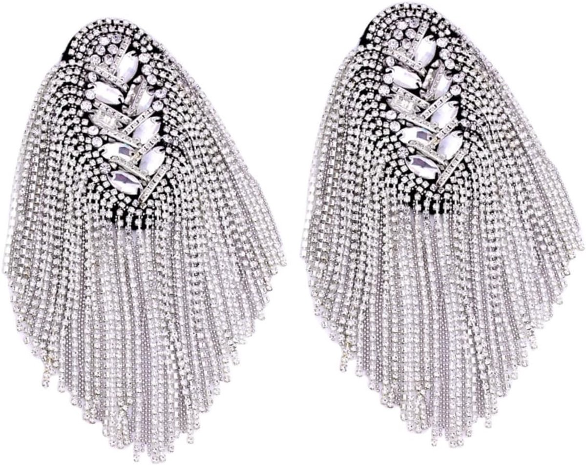 Epaulettes Pin voor Mannen en Vrouwen met Zilveren Fringes en Strass Steentjes voor Kostuums en Modeaccessoires
