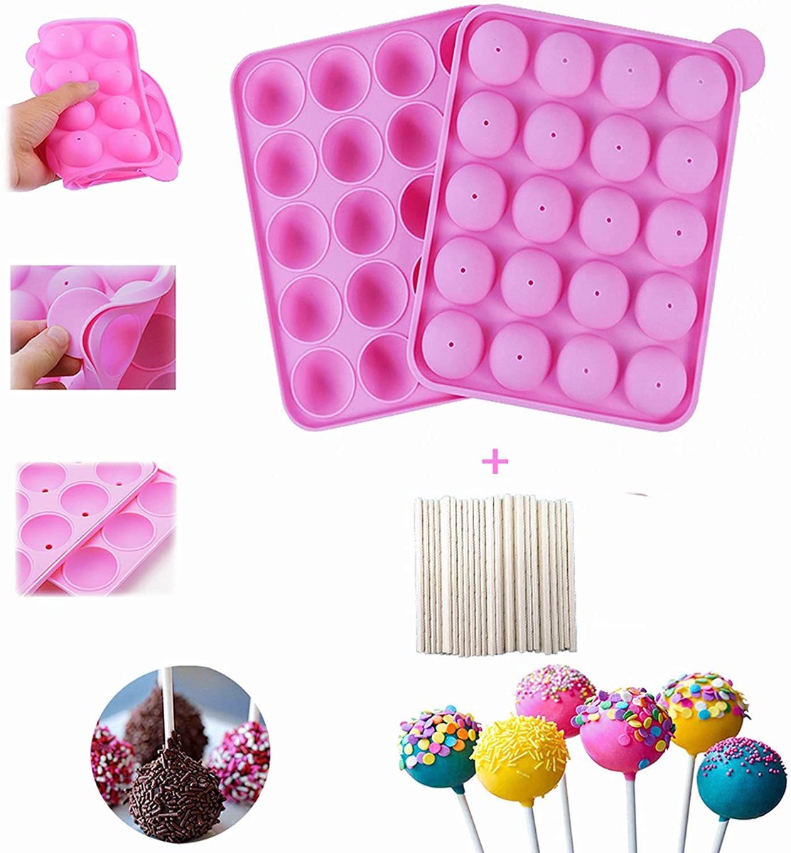 Siliconen lollyvorm met 20 vakjes - Afmetingen: 22,5 x 18 x 3 cm, Diameter rond: 4 cm, Hittebestendig: -40 °C tot 230 °C, Inclusief 20 lolly's (roze)