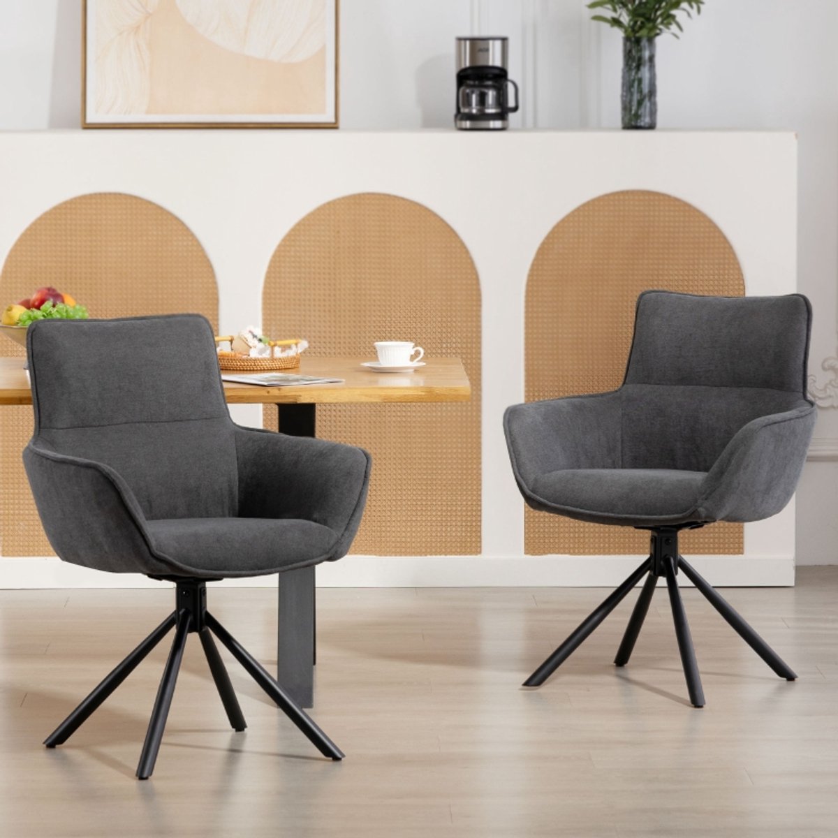 Clruro Eetkamerstoel Set van 2 - 360° Draaibaar - Armleuningen - Fluweellook/Metaal - Donkergrijs