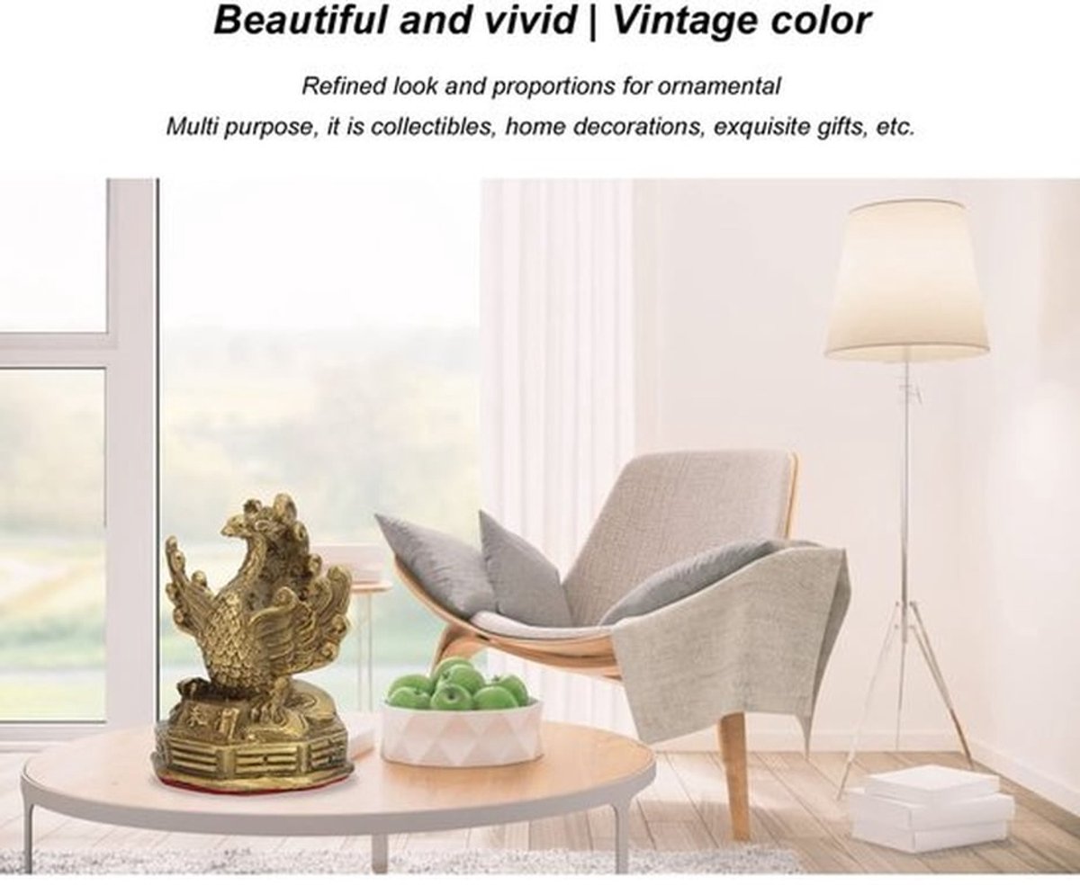 Beeldje Gouden Phoenix - Messing Standbeeld - Feng Shui Ornament - Decoratie voor Thuis - Geluk en Rijkdom - 5,8cm Hoogte