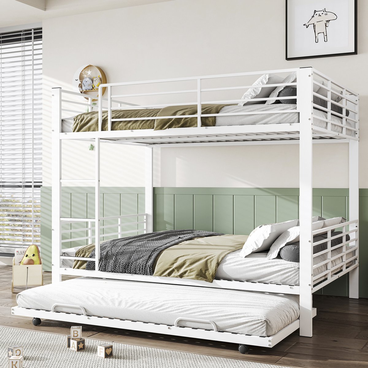 Stapelbed 140x200 cm - Driepersoonsbed Met Uittrekbaar Onderbed - Zonder Matras - Veilighek En Stil Frame - Metaal - Mat Wit