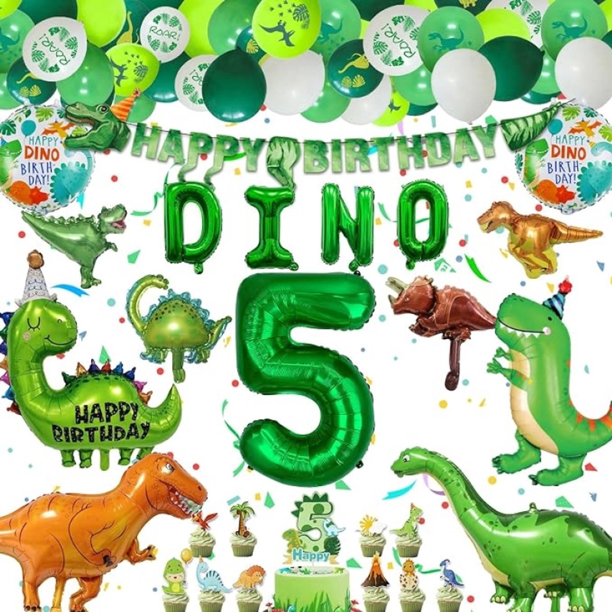 Dinosaurus Thema Verjaardagsfeest Decoratie Set voor 5 Jaar - Folieballonnen, Slingers en Taartdecoraties voor Jongens en Meisjes