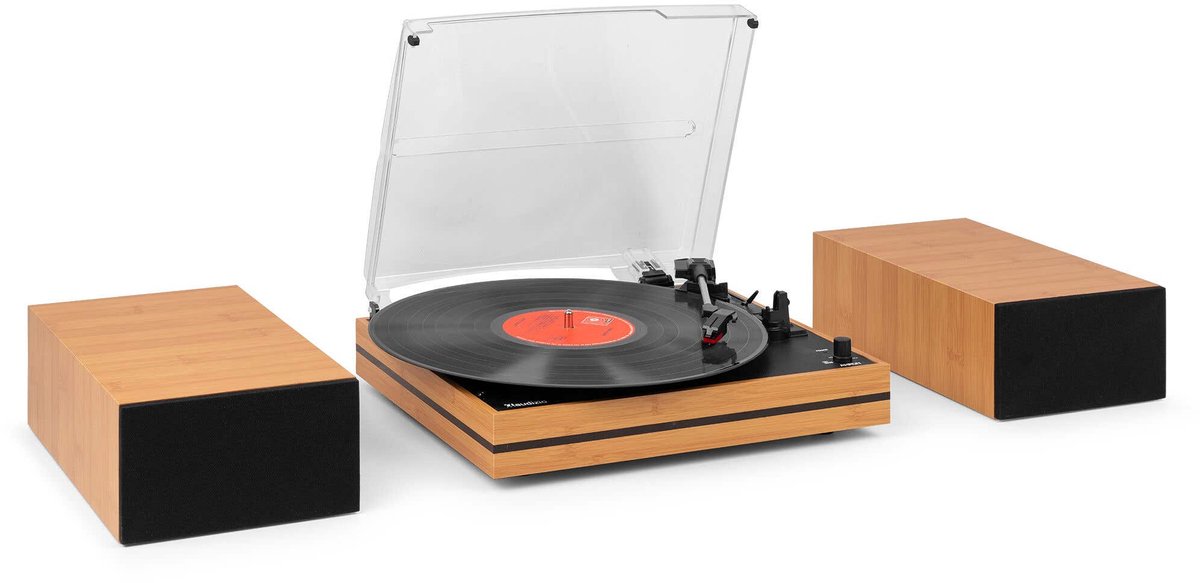 Platenspeler met speakers - Audizio Akron - LP speler - Bluetooth - AUX - 3 snelheden - Bamboe