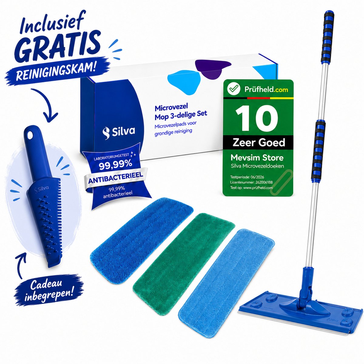 Silva Microvezel Dweil - Dweilsysteem 3in1 Set - Vloerwisser - Vloermop - Mop - 42 cm Wisbreedte - Inclusief Gratis Reinigingskam