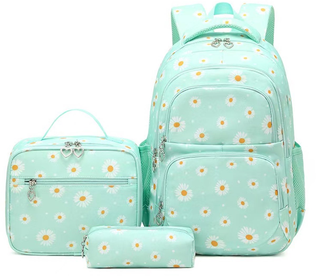 3-in-1 rugzakset voor meisjes – schoolrugzak met madeliefjesprint – inclusief lunchbox en etui – lichtgewicht waterdichte boekentas – voor tienermeisjes, basisschool- en middelbare scholieren – reisrugzak(Groen)
