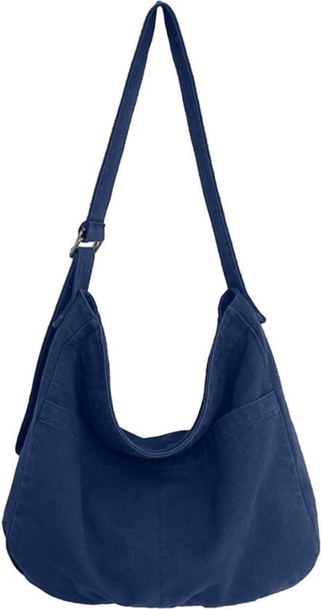 Unisex schoudertas van canvas en Oxford voor dames - Stijlvolle shopper voor dagelijks gebruik, kantoor, school en reizen - Blauw, middelgroot, retro ontwerp