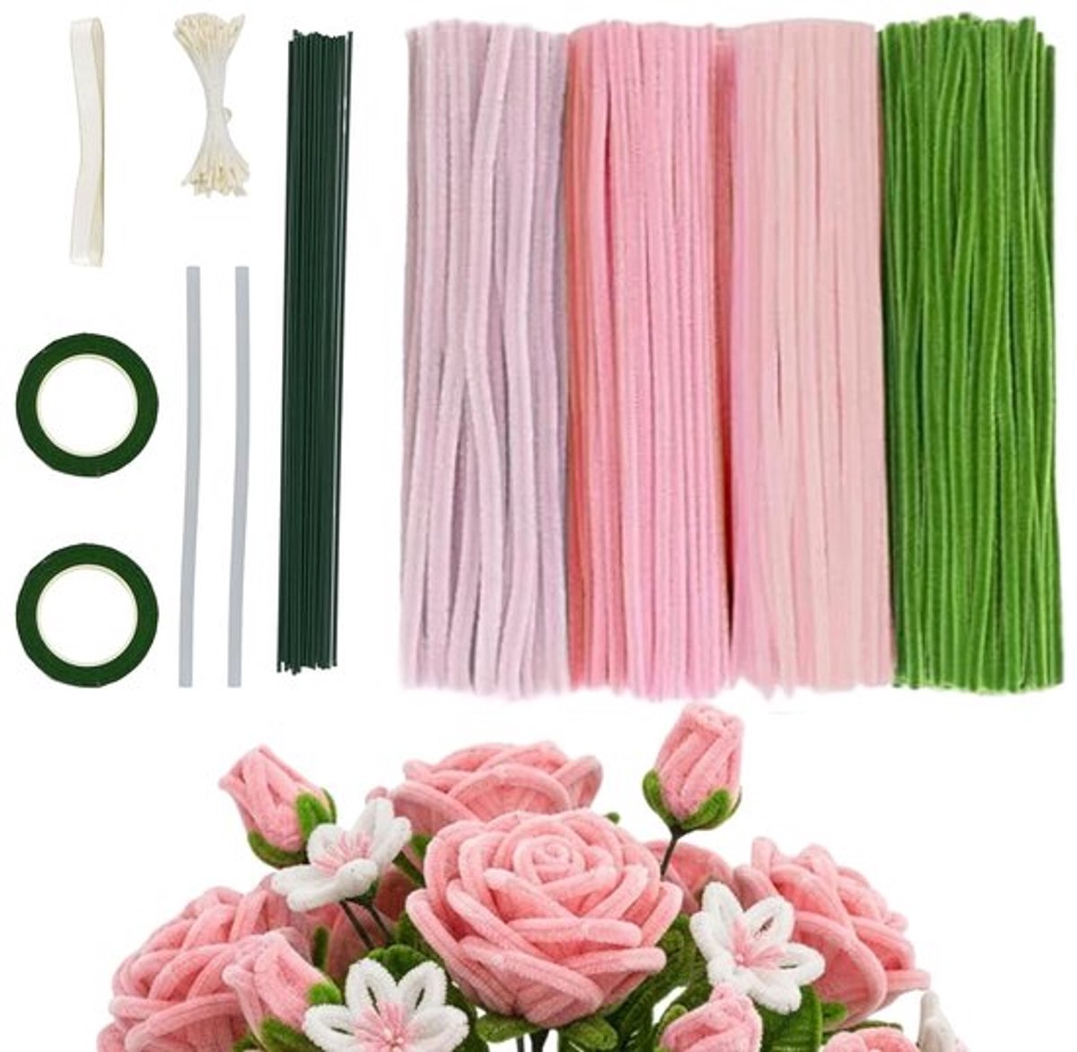 Bloemen Set van 120 Pijp Reinigers voor Creatieve Knutselprojecten, Inclusief 4 Kleuren, Groene Stelen, Lijm, Tape en Ribbons voor Mooie Boeketten