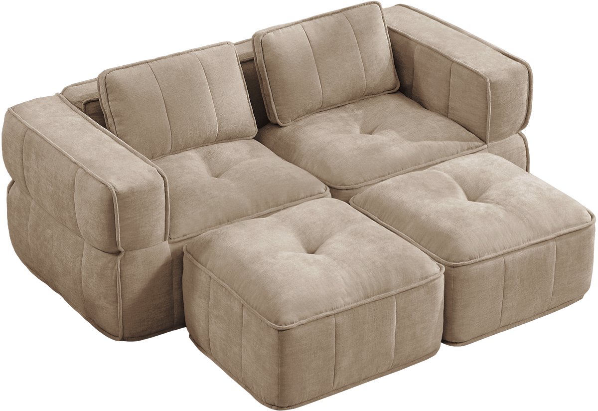 HAUSS SPOLE Set - Modulaire Tweezitsbank Met 2 Hockers - Zachte 32D Schuimvulling - Voor Woonkamer En Appartement - Polyester Sand
