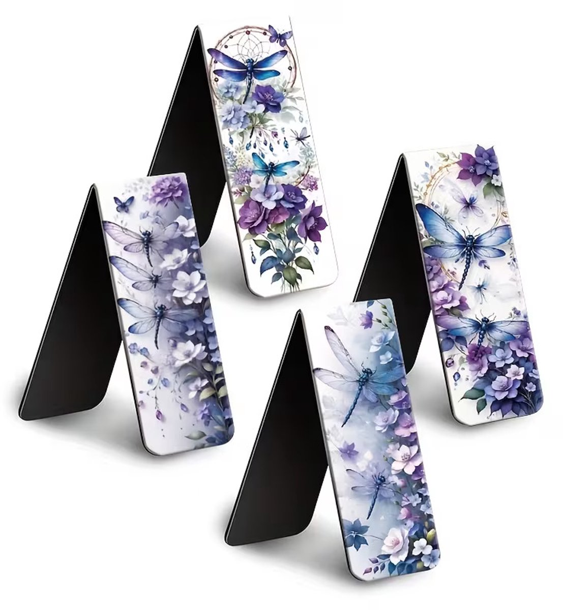 Magnetische Boekenleggers 4 Stuks – Libellen & Paarse Bloemen Viwado®