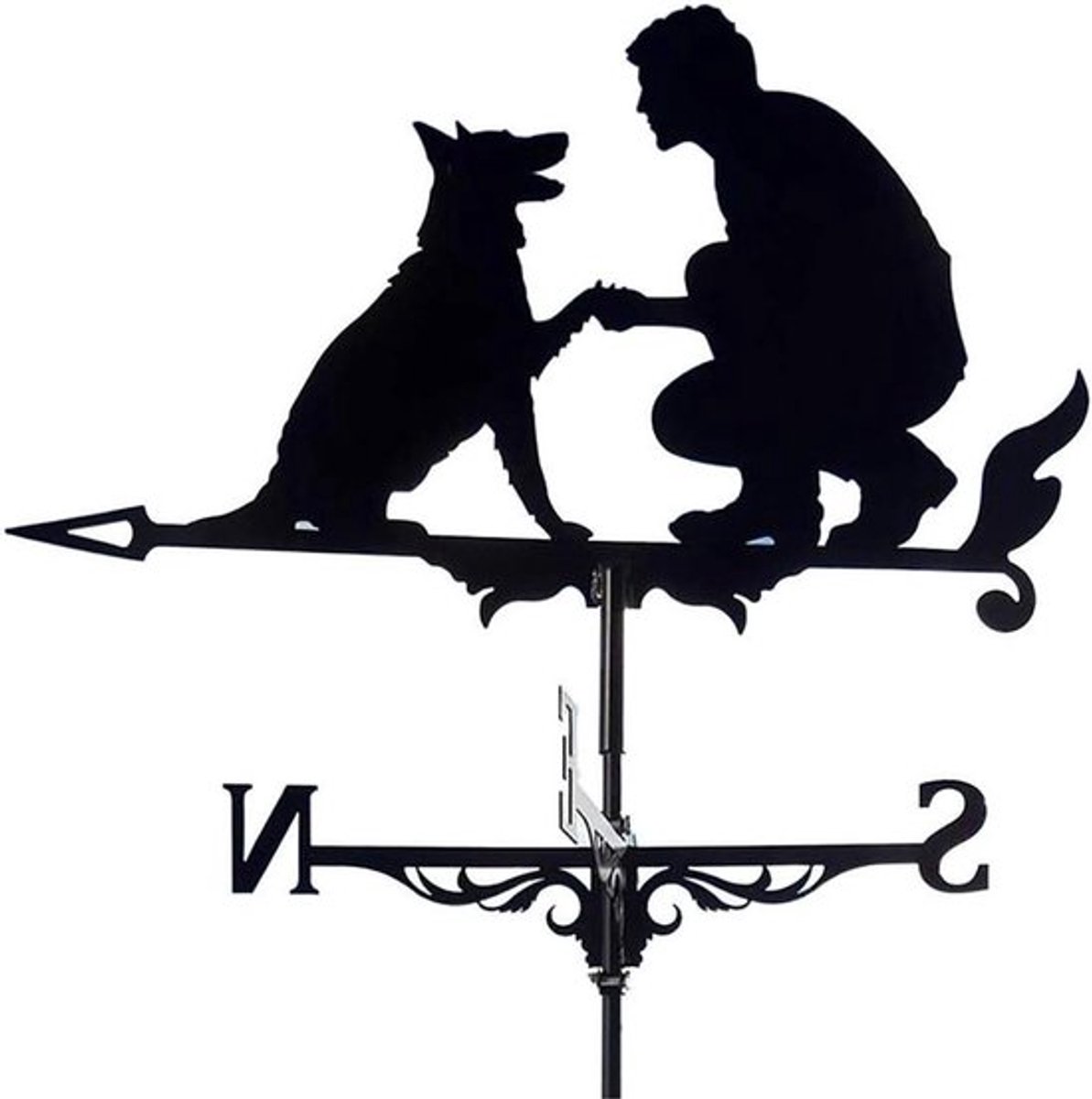 Weervlag bouwplaats tuinpaal 50 * 35 cm roestvrij staal man en hond meetinstrumenten kunstdecoraties.