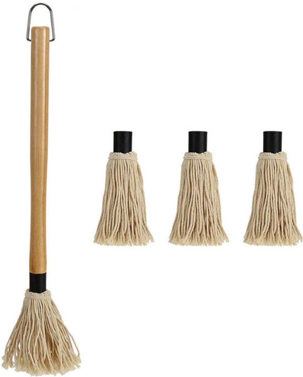 BBQ-borstel - Olieborstel - Dompelborstel - Wordt geleverd met houten handvat en 3 vervangende borstelkoppen - Geschikt voor koken, bakken en grillen - Originele kleur