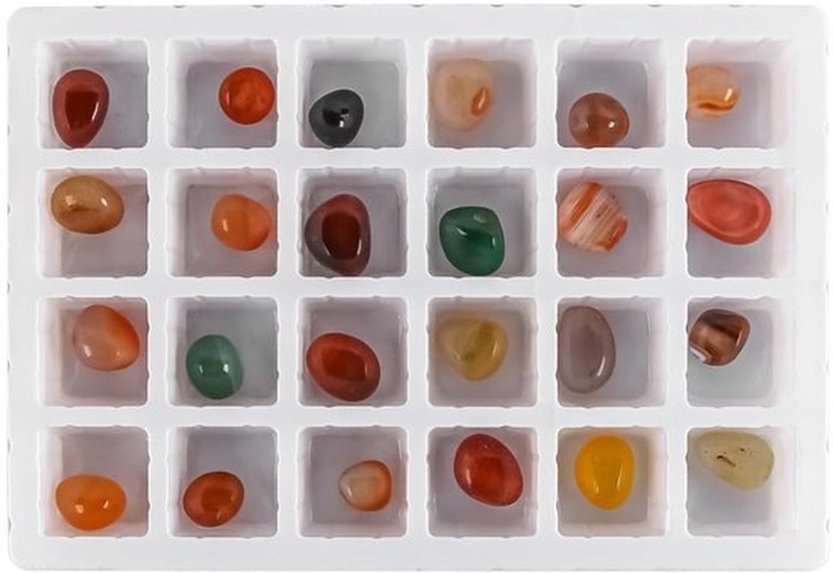 Adventskalender 2024 - Mini-edelstenen - 24 Kristallen/Mineralen - Verjaardagscadeau - Opbergtas - Vergrootglas