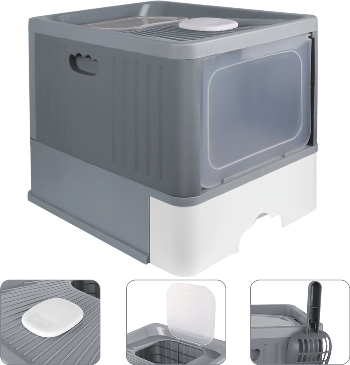 PIPIPOXER Kattenbak met lade -Kattentoilet - Opvouwbare Gesloten Kattenbak met Lade -Ultravioletsterilisatie - Dubbele ingang/uitgang-38x48x37cm -grijs