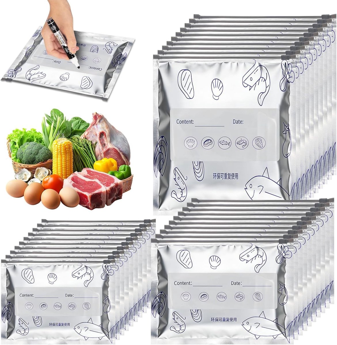 Vrieszakken met Ritssluiting - Aluminiumfolie - Diverse Maten - Herbruikbaar en Lekvrij - Voor Groenten, Vlees en Snacks