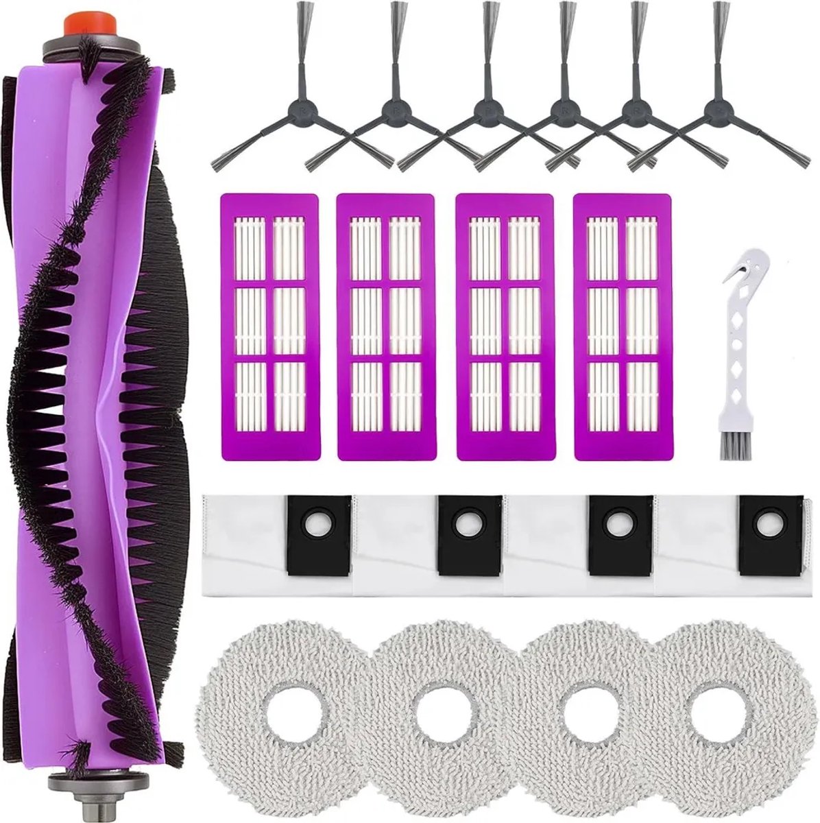 De vervangingsonderdelenset Geschikt voor de Eureka J15 Pro Ultra robotstofzuiger bevat: 1 hoofdborstel, 4 filters, 4 dweildoeken, 4 stofzakken, 6 zijborstels en 1 reinigingsborstel, in totaal 20 onderdelen.