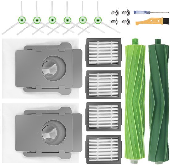 Vier witte zijborstels, twee grijze stofzakken, vier grijze filters, twee groene hoofdborstels, vier schroeven en een schroevendraaier.