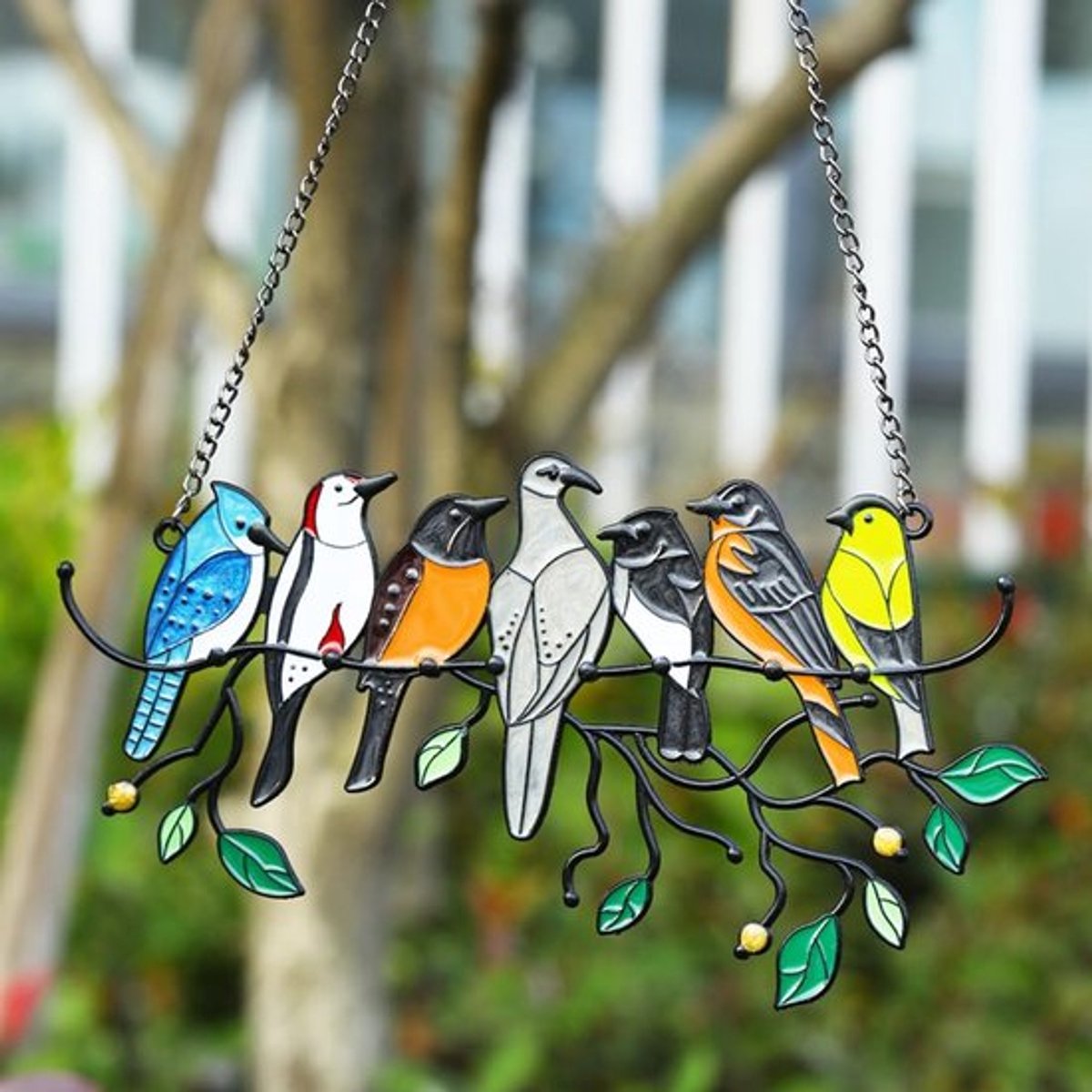 Raamhanger Gebrandschilderd Glas - Decoratieve Vogelbedel - Metalen Hanger - Roestbestendig - Voor Tuin/Ramen - Afmetingen 19 x 11 cm / 19 x 13,5 cm - Decoratie