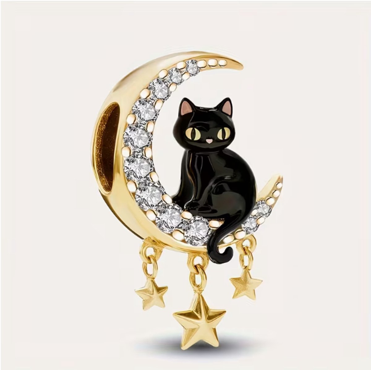 Fler® | Bedel | Past op populaire bedelarmbanden (standaard - 3mm) | Zwarte Kat Maan Bedel – Kat – Halve Maan – Sterren | Hangbedel Charm | 925 sterling zilver | Transparante zirkonia | Zwarte emaille | Valentijnsdag Cadeau |Sinterklaas | Kerstcadeau