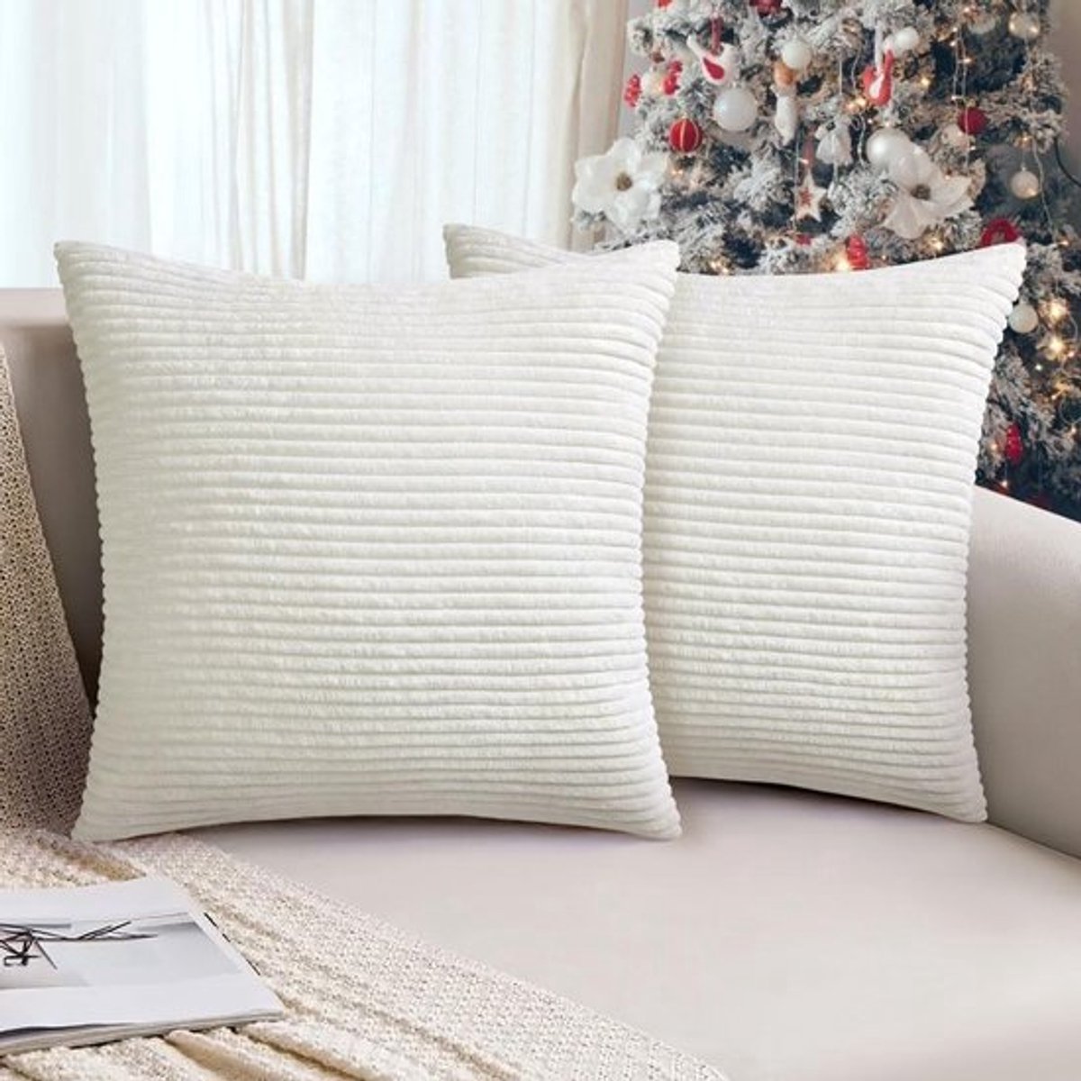 Zachte Corduroy Kussenhoezen 45x45cm Set van 2, Beige Decoratieve Kussens voor Sofa, Modern en Stijlvol voor Thuisdecoratie