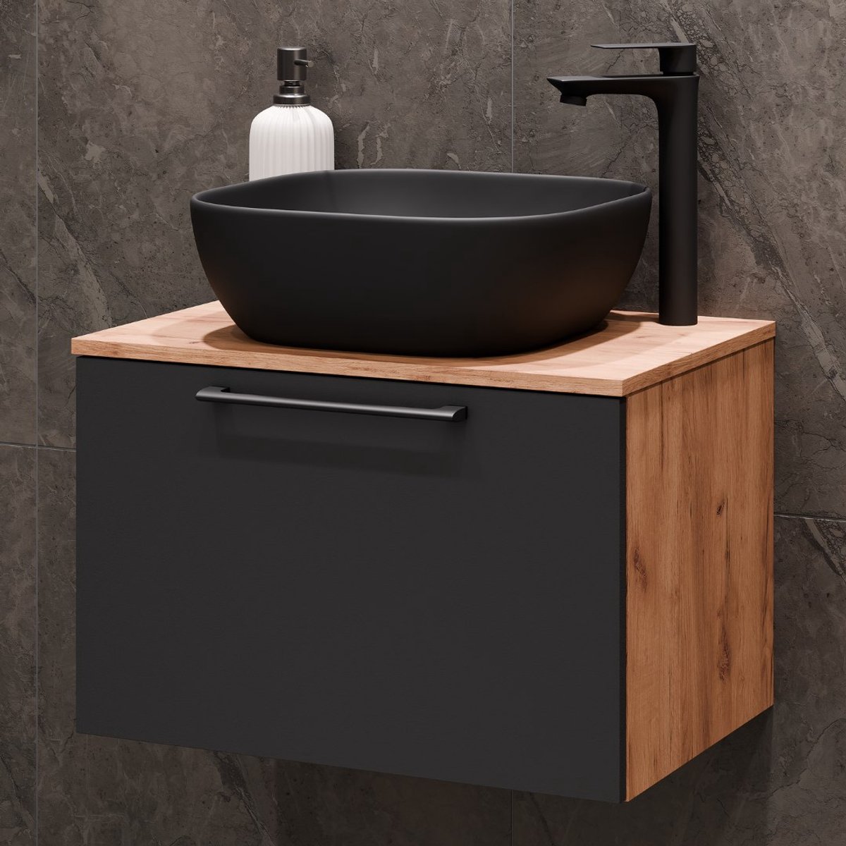 Planetmöbel ASTRA Badkamermeubel Set 60 cm – Goud Eiken / Antraciet – Zwarte Keramische Opzetwastafel – Soft-Close – Wandhangend