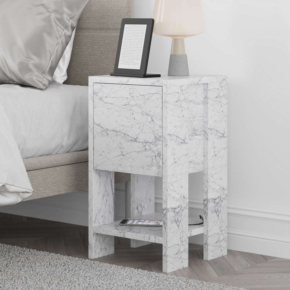 Skye Decor , Nachtkastje, Ema - Carrara Marble, Gemelamineerde spaanplaat, Carrara marmer, 30 x 30 x 55 cm Carrara-marmer