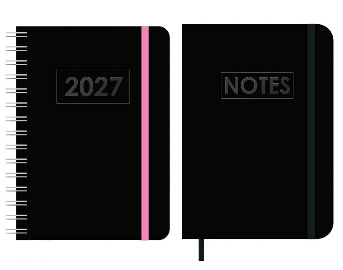 MGPcards - A5 Wire-O Agenda 2027 - Weekoverzicht 1w/2p - Zwart + Roze elastiek - 14,8 x 21 cm + Notitieboekje/opschrijfboekje - gelinieerd - 80 pagina's - A5 - Zwart