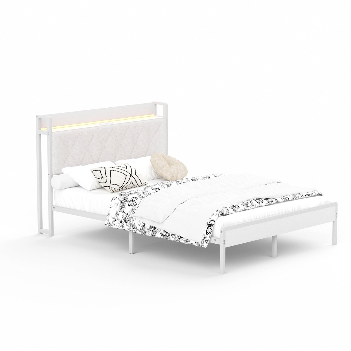 Merax Tweepersoonsbed 140x190 cm - Gestoffeerd Bed Met LED Verlichting - 2 Stopcontacten En 2 USB-Aansluitingen - Opbergruimte - Linnen - Wit