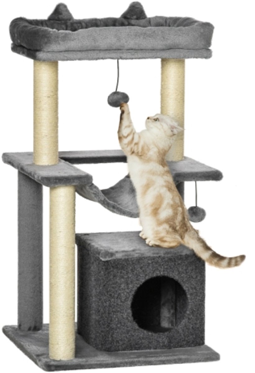 Krabpaal van 90 cm met hangmat, speelboom, kattenhol, platforms, klimboom, krabpaal voor katten, speelkrabpaal, pluche sisal grijs
