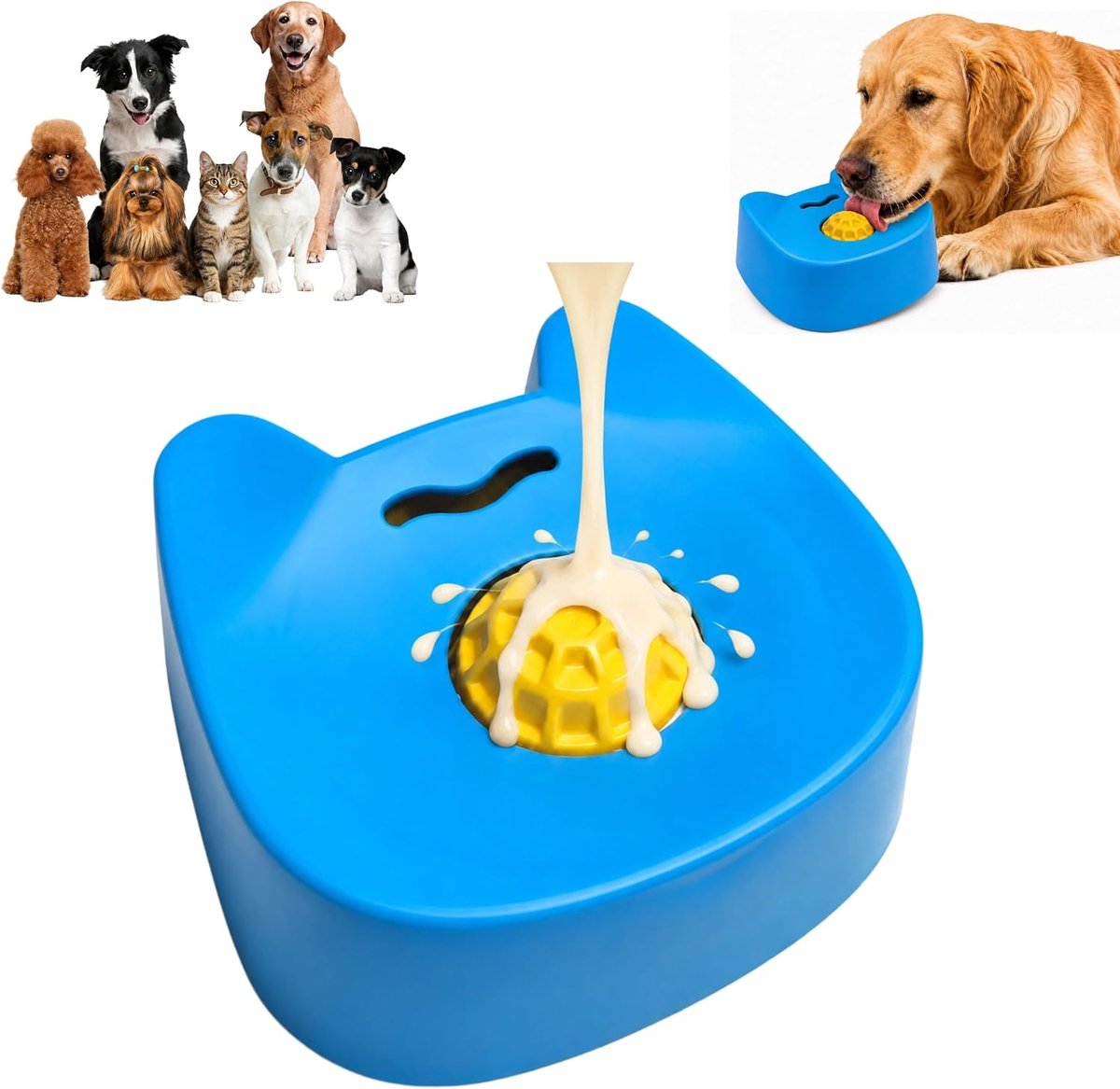 VHV-Likkom hond - Voor rustiger voeren met roterende bal - 14 x 13 x 5,5 cm - Antislip met 4 zuignappen - Slowfeeder voor yoghurt, bouillon en zachte traktaties - Voor honden en katten - Siliconen - Blauw - 1 stuk
