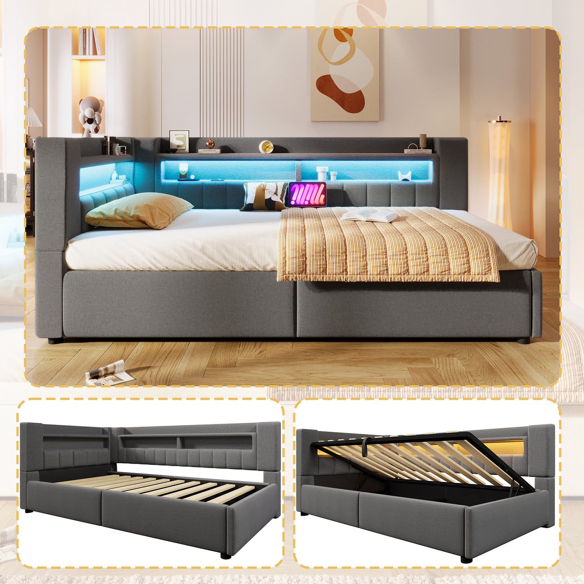Dagbed 90x200 cm - Met LED-Verlichting - Met Opbergruimte - Met USB-Oplaadpunt - Grijs