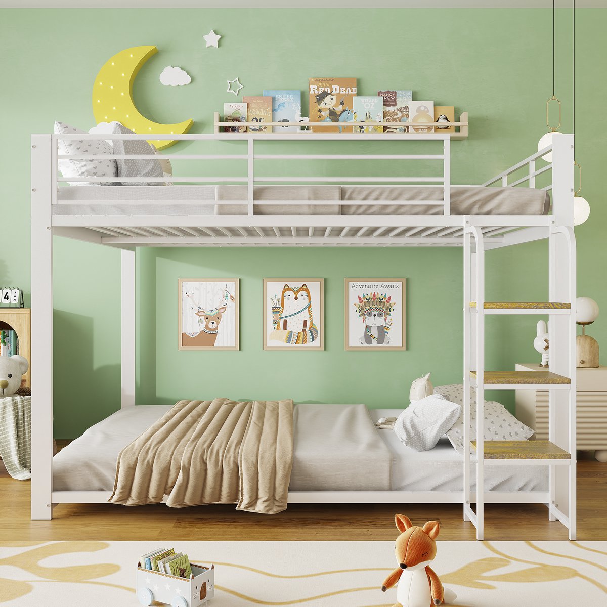 Stapelbed 140x200cm - Met Brede Houten Traptreden En Hoge Veiligheidsrand - Stil En Stevig - Voor Kinderkamer - MDF En Metaal - Wit Zonder Matras