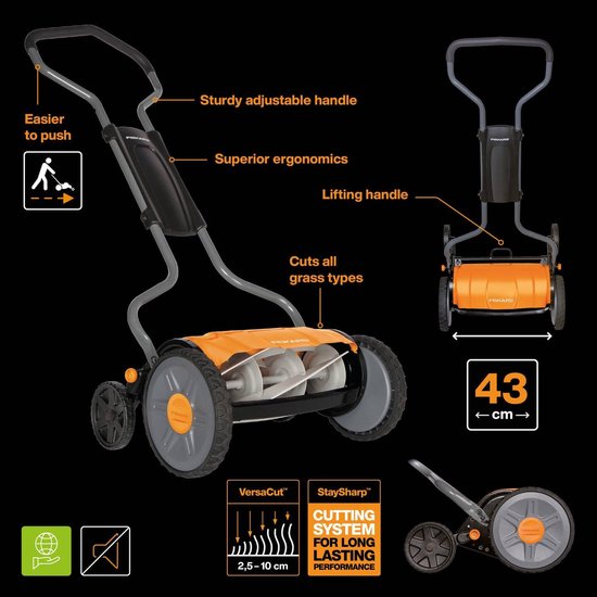 Kooimaaier - Handmaaier Gazon - Strak Gazon - Contactloos Maaisysteem - 43 cm Maaibreedte - Zwart Oranje Zilver — afbeelding 3