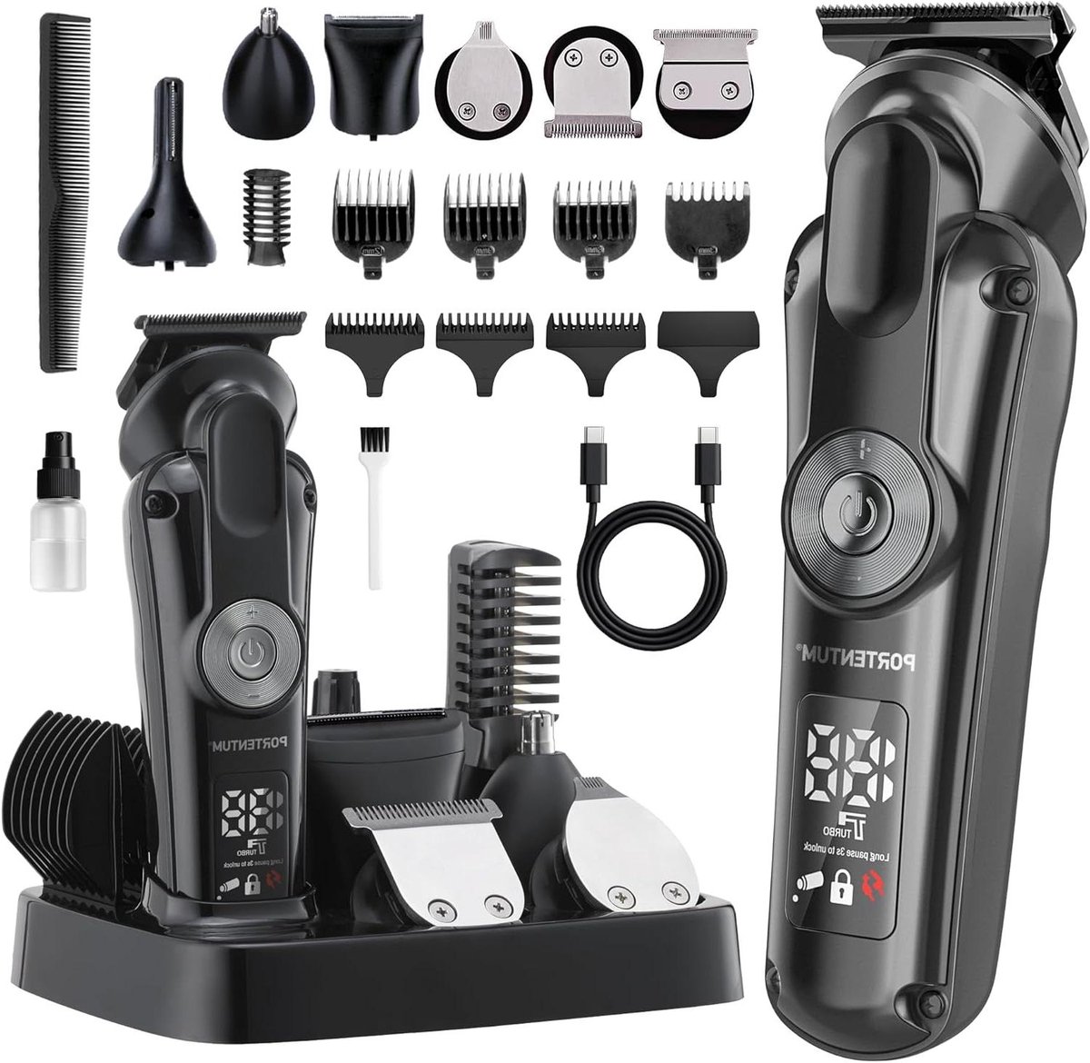 Professionele Tondeuse - Baardtrimmer Heren - Persoonlijke Verzorging - 6 Verwisselbare Koppen - 7 Opzetkammen - Zwart