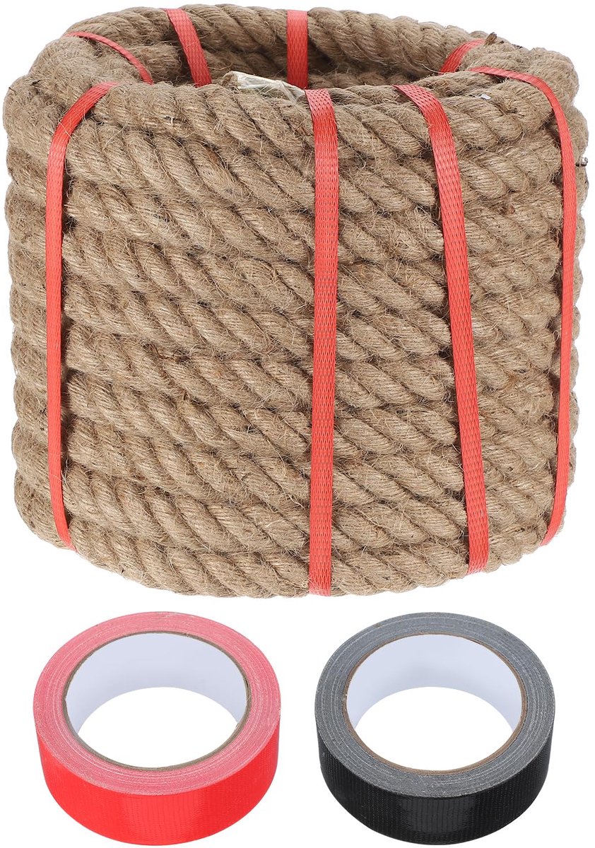 Jute touw, 1 inch x 150 cm, dik, natuurlijk, zwaar gevlochten, met 2 rollen band voor kunsthandwerk, relingen, moli, touwtrekken, nautische schommel, landschapsarchitectuur