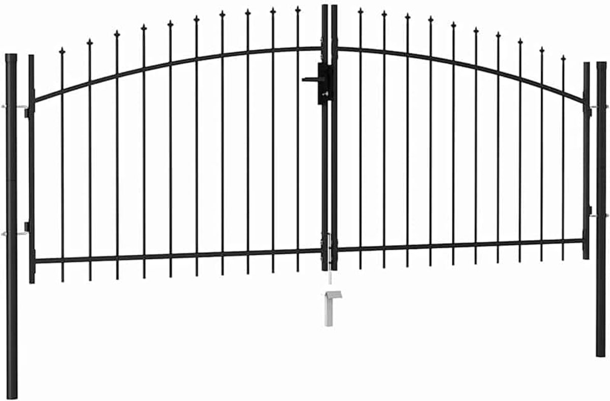 Dubbele vleugelpoort voor de tuin, dubbele vleugel, met punten, van staal, zwart, 300 x 175 cm, hekpoort, metalen poort, tuinpoort, stalen poort