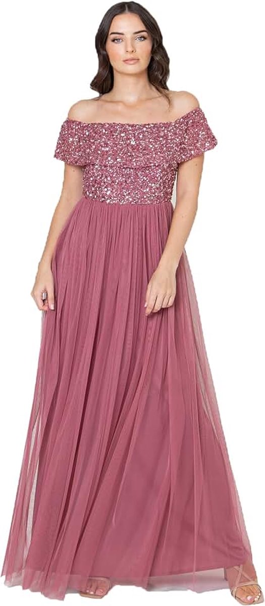 Deluxe Dames Bardot Jurk voor Vrouwen Maxi Versierd Hight Empire Taille Mouwloze Tule voor Bruiloft Gast Prom Graduation dames Bruidsmeisjesjurk (1-Pack)