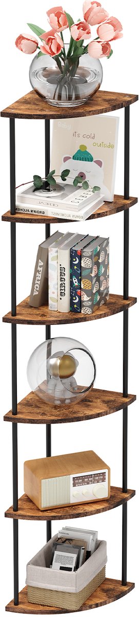 PIPIPOXER Hoekkast met 6 Lagen Hoekrek Opbergkast in Industriële Stijl 30 x 30 x 154 cm Staande kast voor Woonkamer Slaapkamer Keuken Woonkamer en Keuken Boekenkast en Plantenrek Verkoold hout + zwarte buis