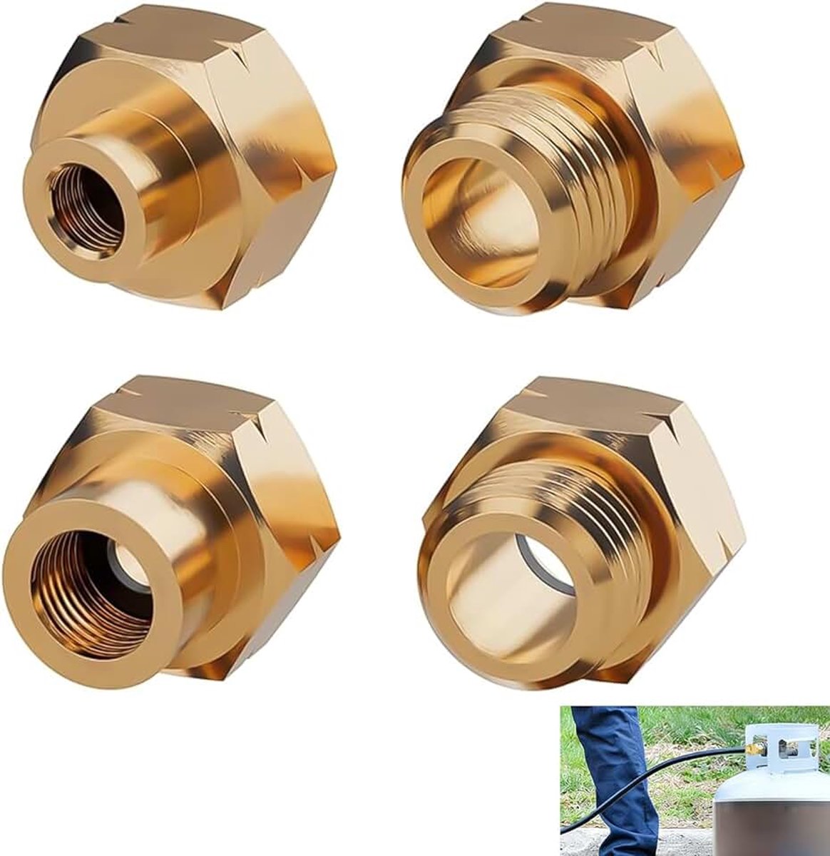Set van 4 Europese gasflesadapters, aansluiting voor buitenlandse gasfles, camping, gasadapter messing voor fornuis, camping, caravan, barbecue, reizen, universele gasadapter set D1, D2, D3, D4