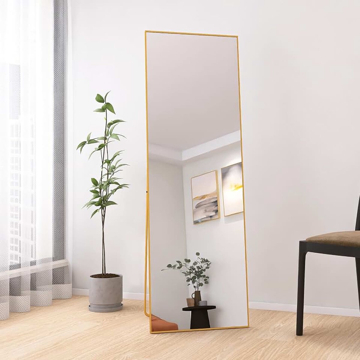 Spiegel, 162 x 53 cm, full-body spiegel, robuust, modern, grote wandspiegel, staand of hangend, frame van aluminiumlegering, gehard glas, voor slaapkamer, woonkamer (goud)