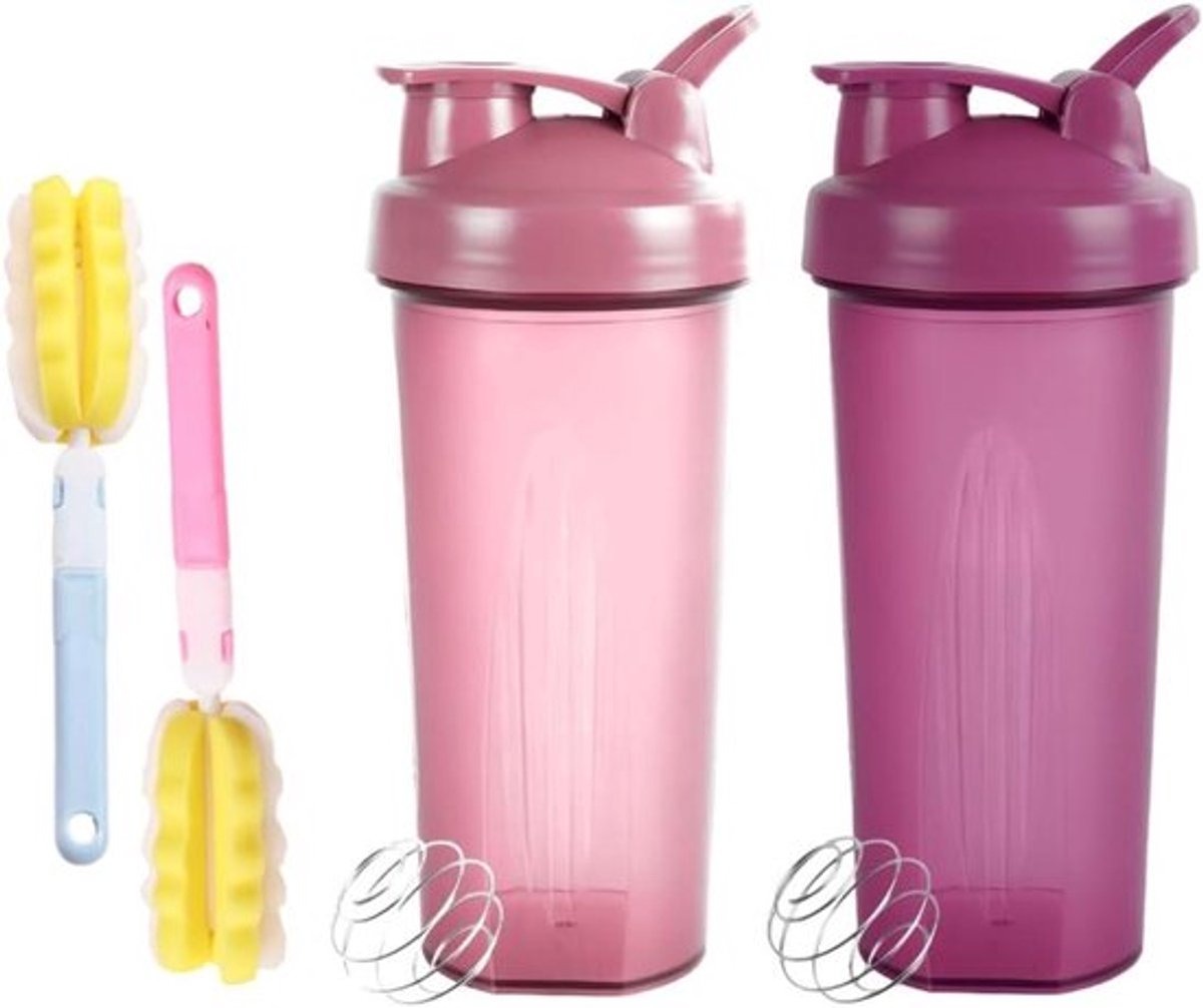 Proteïne Shakerflessen Set van 2 - 600 ml - Mixball Roestvrij Staal - Schuimborstels - Fitness Eiwitten - Lekvrij Deksel met Lus