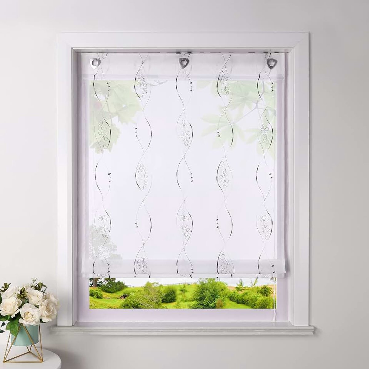 Vouwgordijn zonder boren Voile Raffgordijn met oogjes Transparant gordijn met haakophanging oogrolgordijn met modern borduurwerk grijs BxH 60x140cm