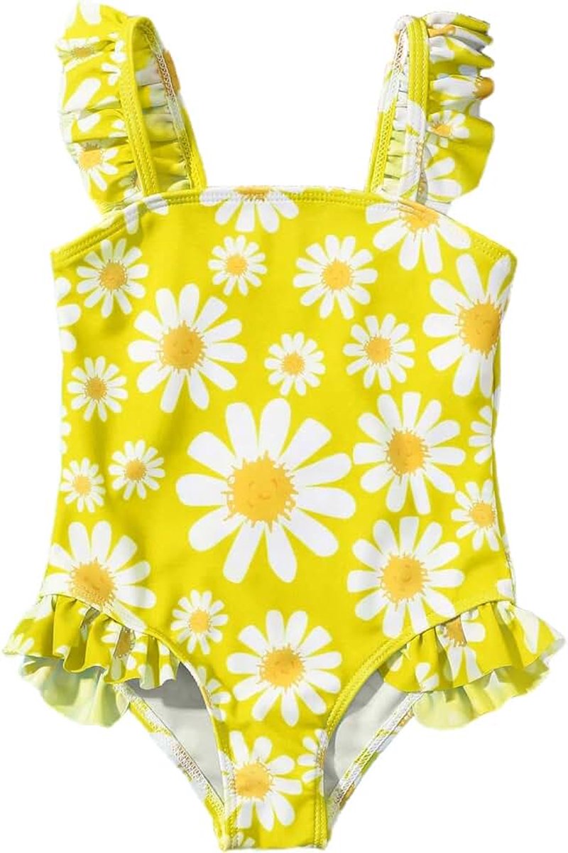 Badpak voor meisjes, eendelig, mouwloos, bloemenpatroon, ruches, elastische bandjes, zwemkleding voor 1-6 jaar, 92-120