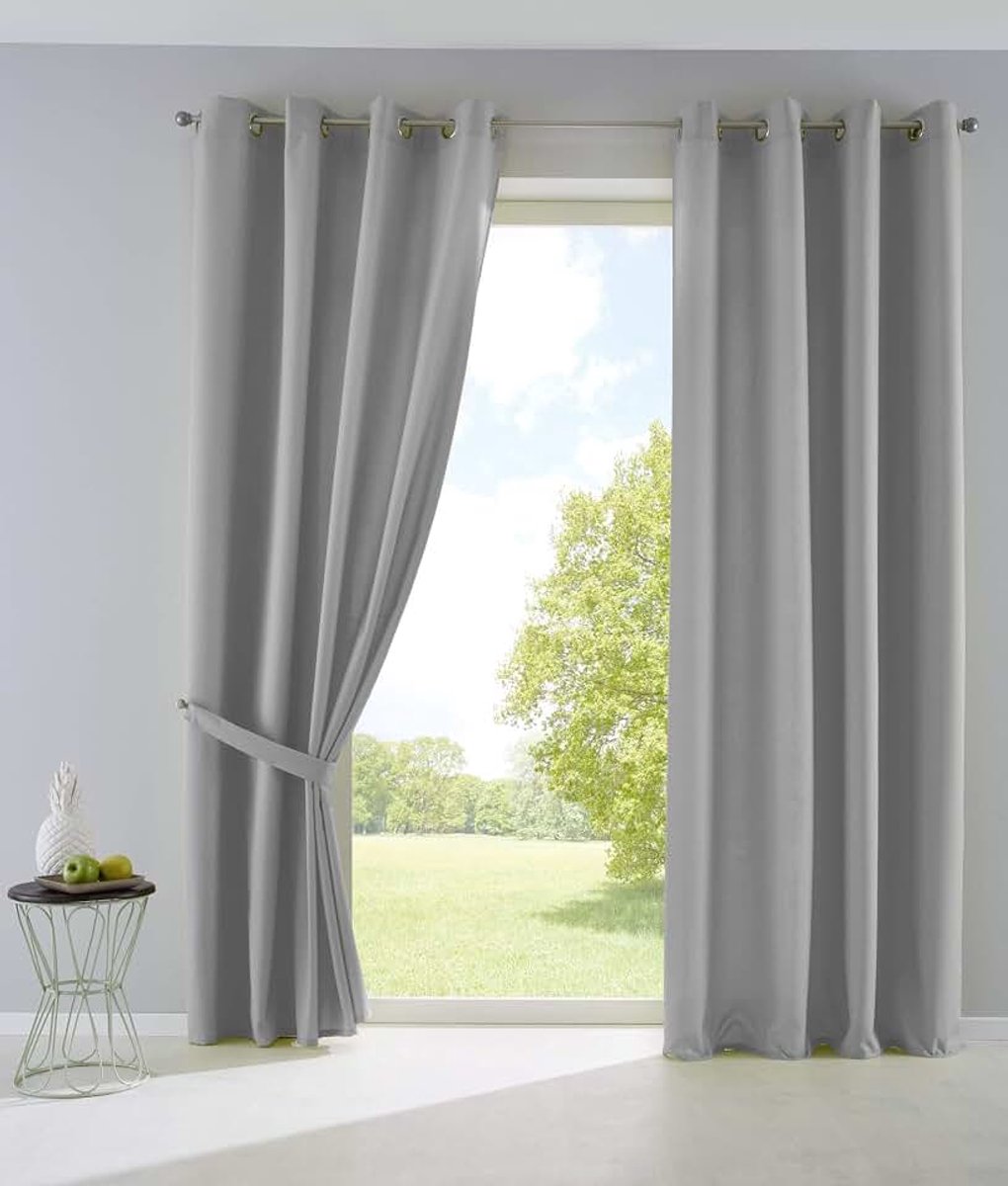 Set van 2 gordijnen, ondoorzichtig, mat, lichtdoorlatend, met oogjes en embrasses deco, H x B 225 x 140 cm, grijs, 10000265-2