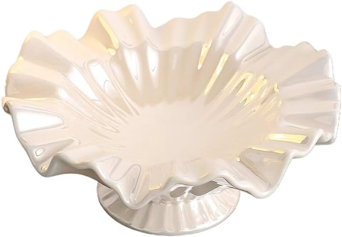Fruitschaal Fruitschaal met geplooide rand, glanzend keramiek, serveerschaal for snacks, tafeldecoratie, keuken, woonkamer(Wit)